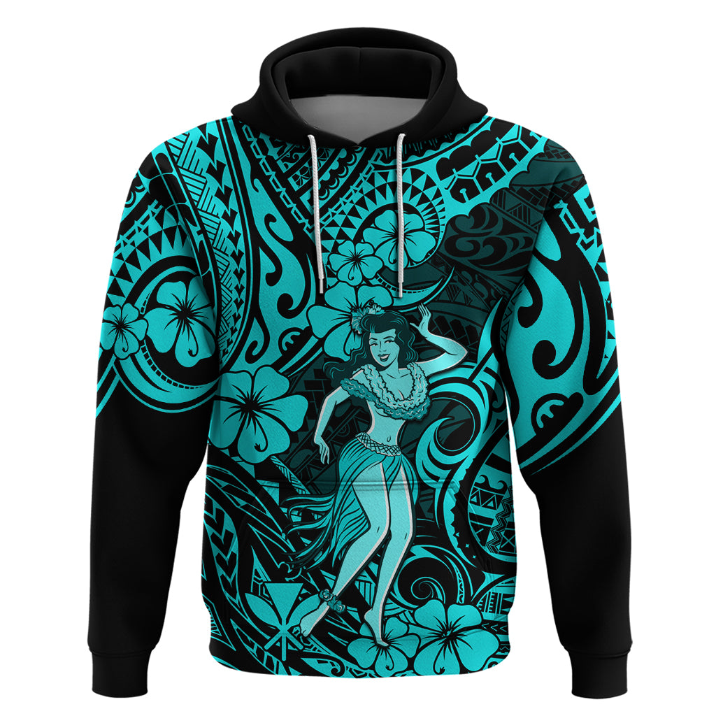 Hawaii Hula Girl Hoodie Hibiscus Hawaii Tribal Tattoo Turquoise Version - Wonder Print Shop