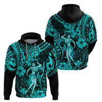 Hawaii Hula Girl Hoodie Hibiscus Hawaii Tribal Tattoo Turquoise Version - Wonder Print Shop