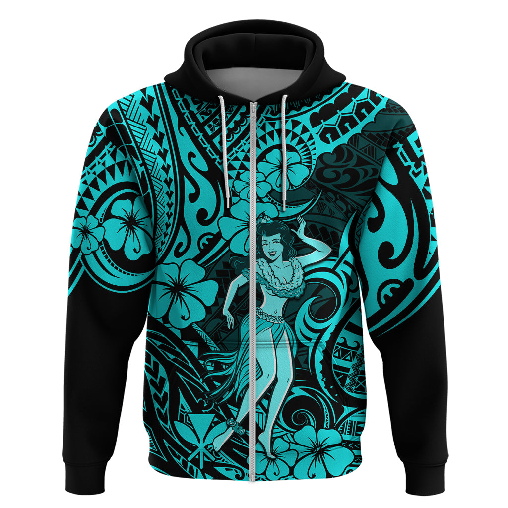 Hawaii Hula Girl Hoodie Hibiscus Hawaii Tribal Tattoo Turquoise Version - Wonder Print Shop