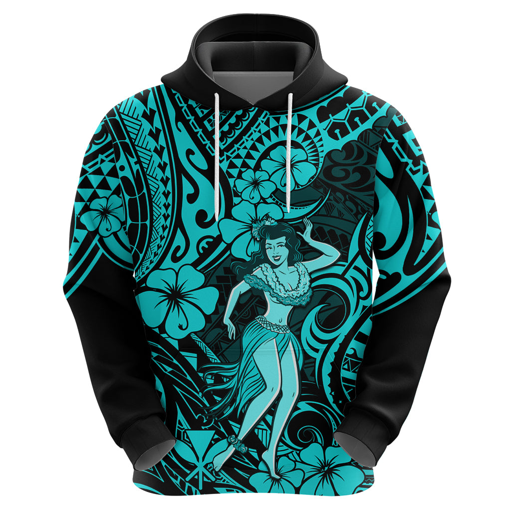 Hawaii Hula Girl Hoodie Hibiscus Hawaii Tribal Tattoo Turquoise Version - Wonder Print Shop