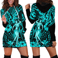 Hawaii Hula Girl Hoodie Dress Hibiscus Hawaii Tribal Tattoo Turquoise Version - Wonder Print Shop