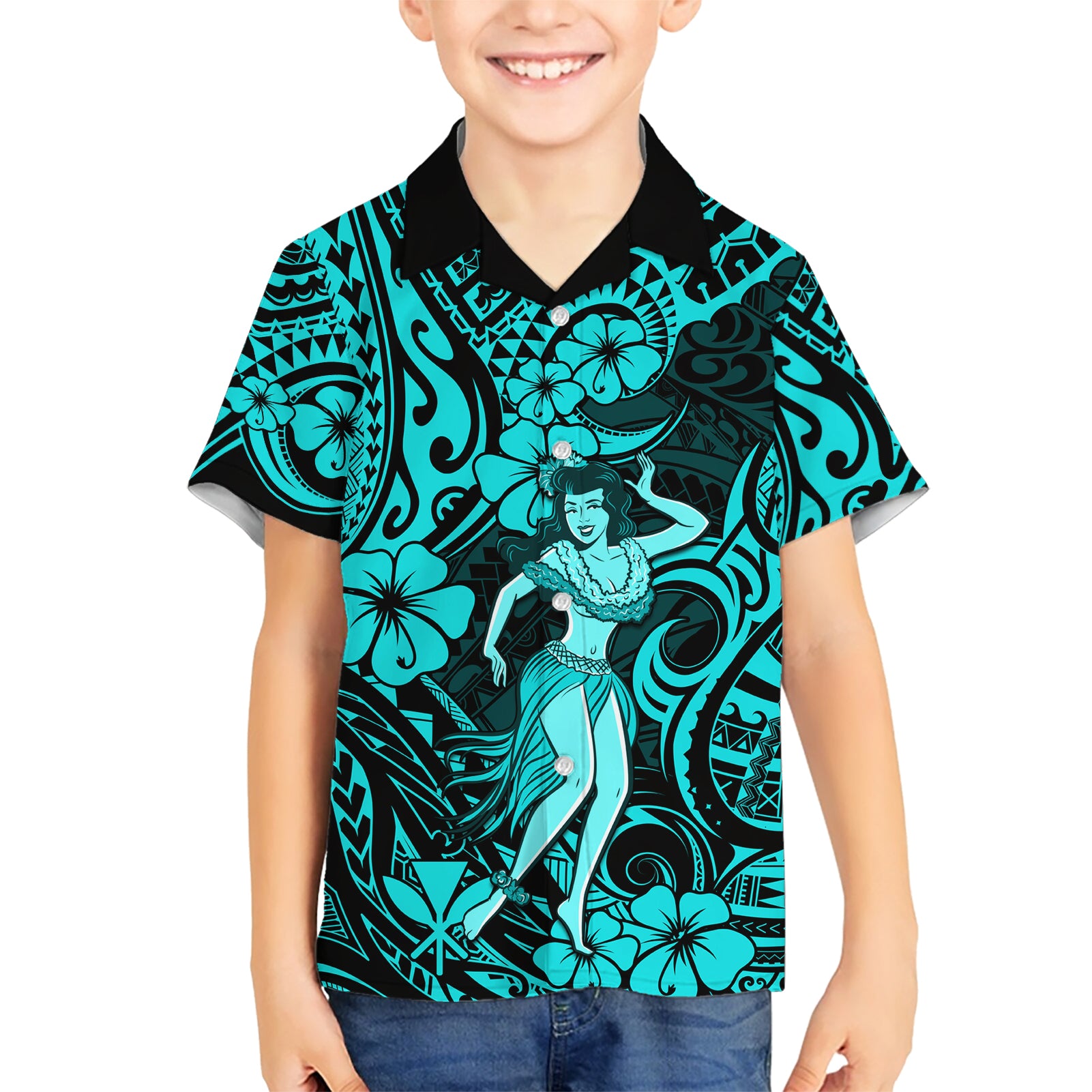 Hawaii Hula Girl Kid Hawaiian Shirt Hibiscus Hawaii Tribal Tattoo Turquoise Version - Wonder Print Shop