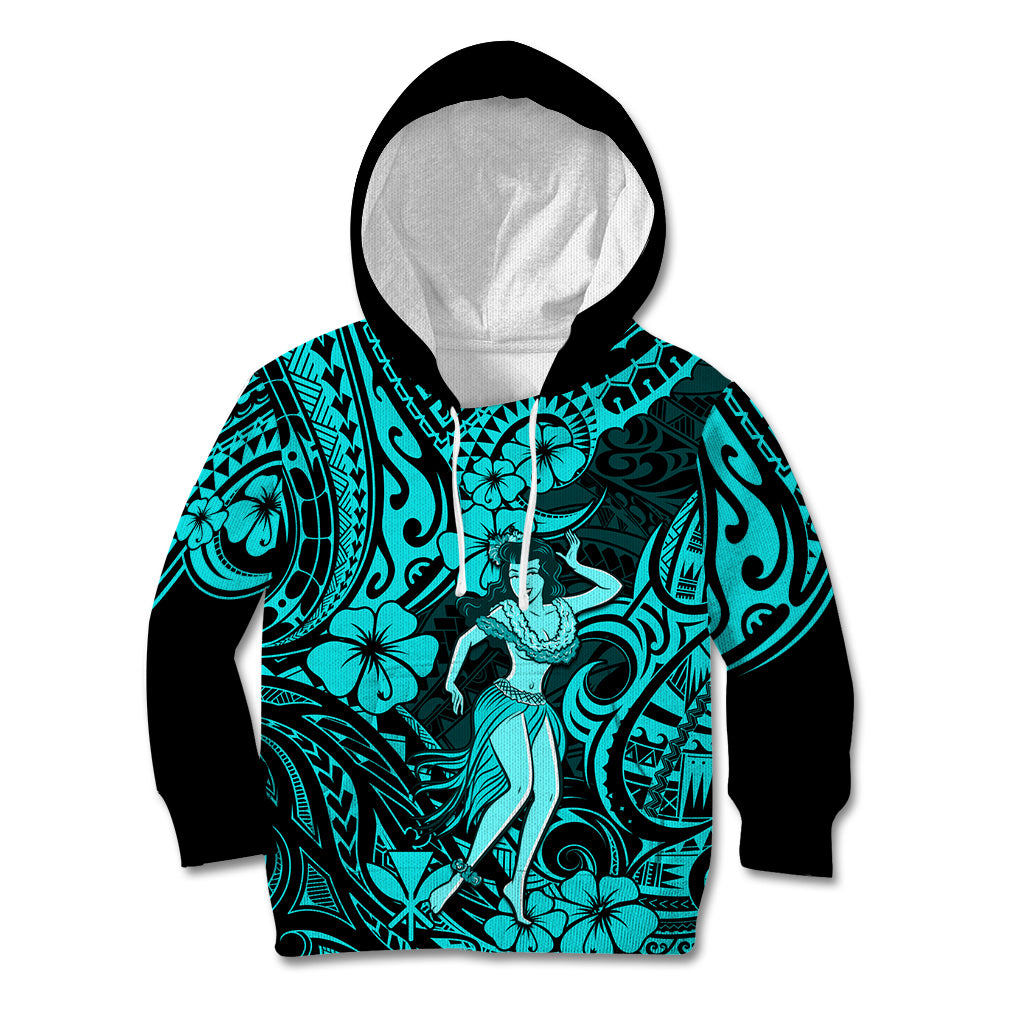 Hawaii Hula Girl Kid Hoodie Hibiscus Hawaii Tribal Tattoo Turquoise Version - Wonder Print Shop