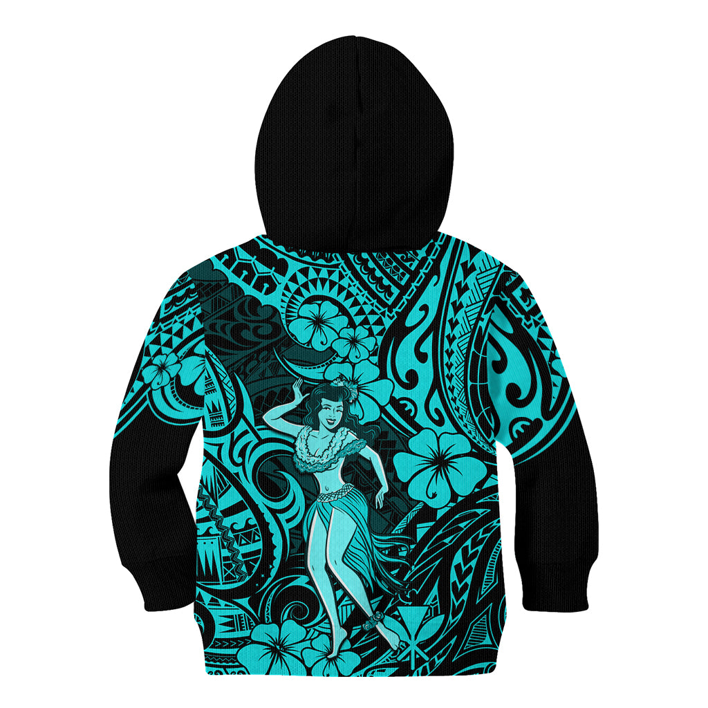 Hawaii Hula Girl Kid Hoodie Hibiscus Hawaii Tribal Tattoo Turquoise Version - Wonder Print Shop
