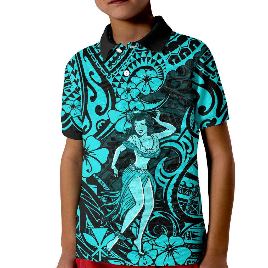 Hawaii Hula Girl Kid Polo Shirt Hibiscus Hawaii Tribal Tattoo Turquoise Version - Wonder Print Shop