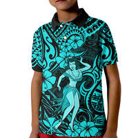 Hawaii Hula Girl Kid Polo Shirt Hibiscus Hawaii Tribal Tattoo Turquoise Version - Wonder Print Shop