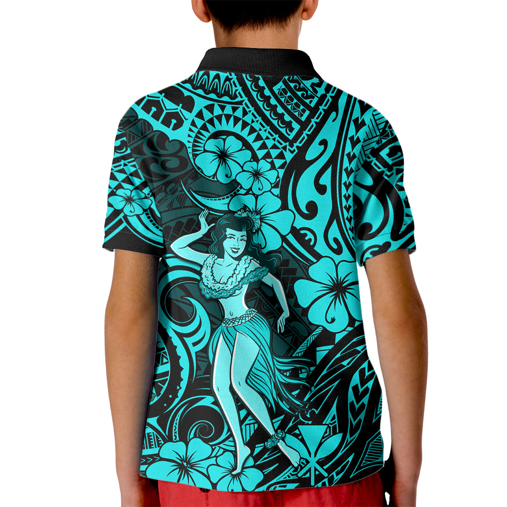 Hawaii Hula Girl Kid Polo Shirt Hibiscus Hawaii Tribal Tattoo Turquoise Version - Wonder Print Shop