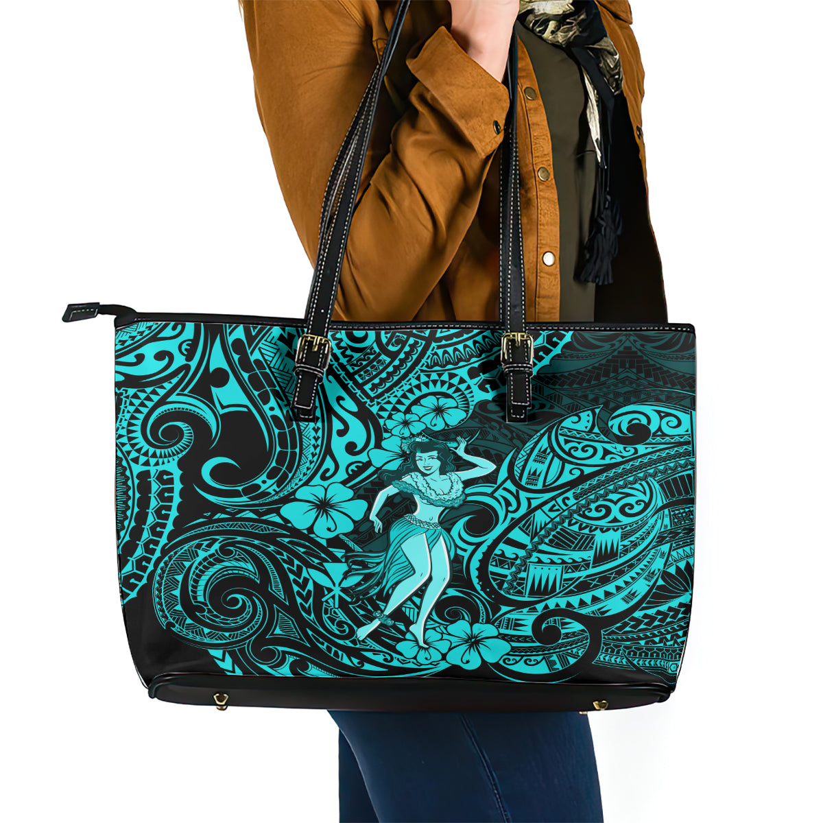 Hawaii Hula Girl Leather Tote Bag Hibiscus Hawaii Tribal Tattoo Turquoise Version - Wonder Print Shop