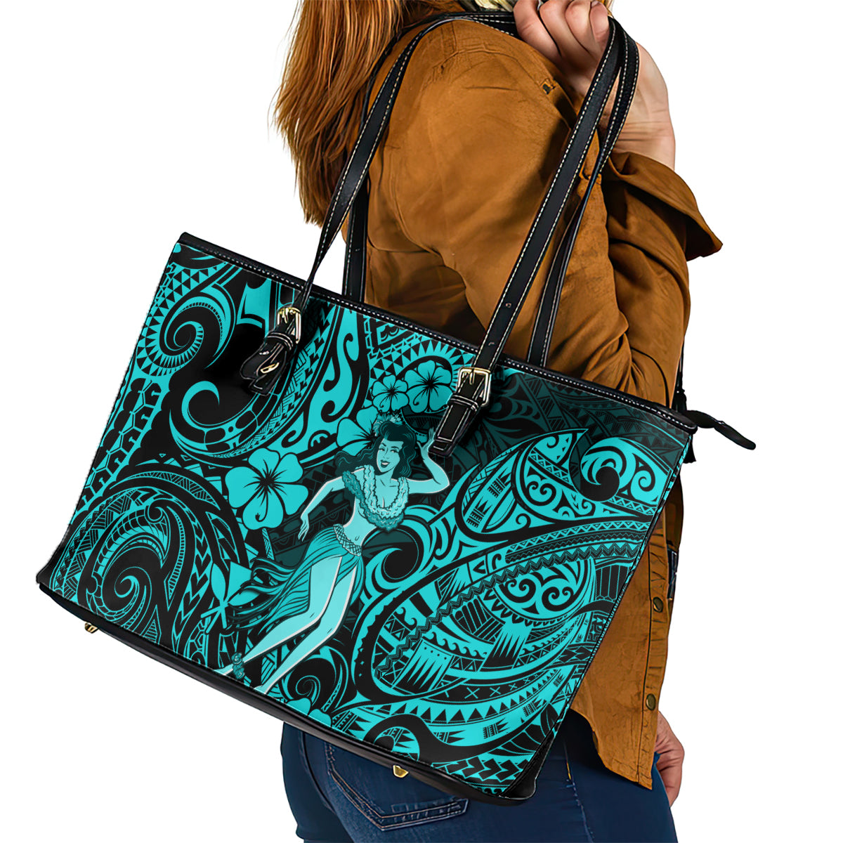 Hawaii Hula Girl Leather Tote Bag Hibiscus Hawaii Tribal Tattoo Turquoise Version - Wonder Print Shop