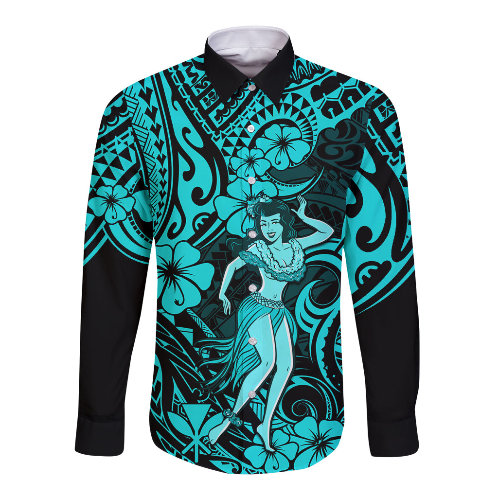 Hawaii Hula Girl Long Sleeve Button Shirt Hibiscus Hawaii Tribal Tattoo Turquoise Version - Wonder Print Shop