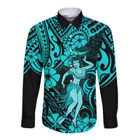 Hawaii Hula Girl Long Sleeve Button Shirt Hibiscus Hawaii Tribal Tattoo Turquoise Version - Wonder Print Shop