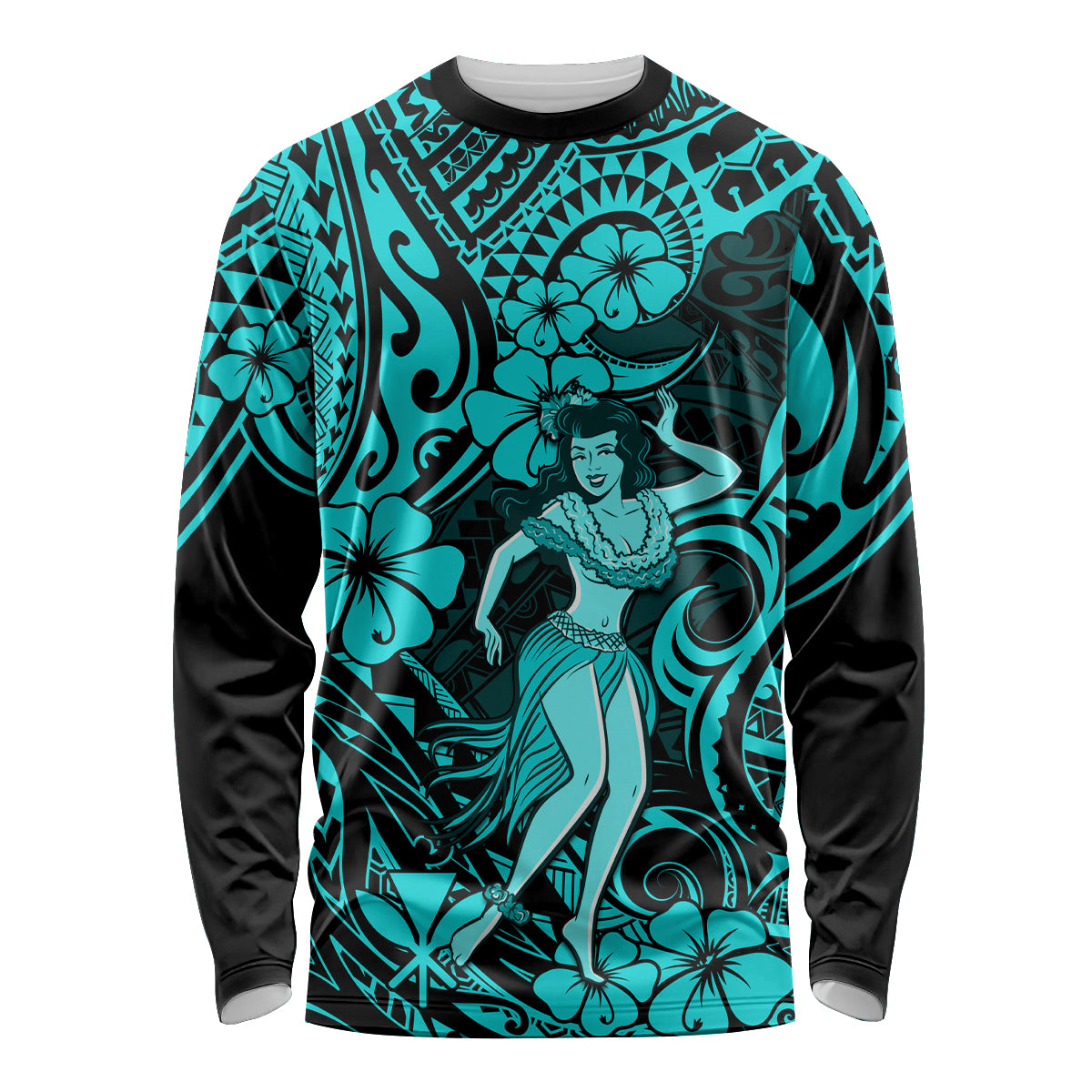 Hawaii Hula Girl Long Sleeve Shirt Hibiscus Hawaii Tribal Tattoo Turquoise Version - Wonder Print Shop