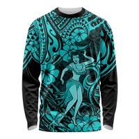 Hawaii Hula Girl Long Sleeve Shirt Hibiscus Hawaii Tribal Tattoo Turquoise Version - Wonder Print Shop