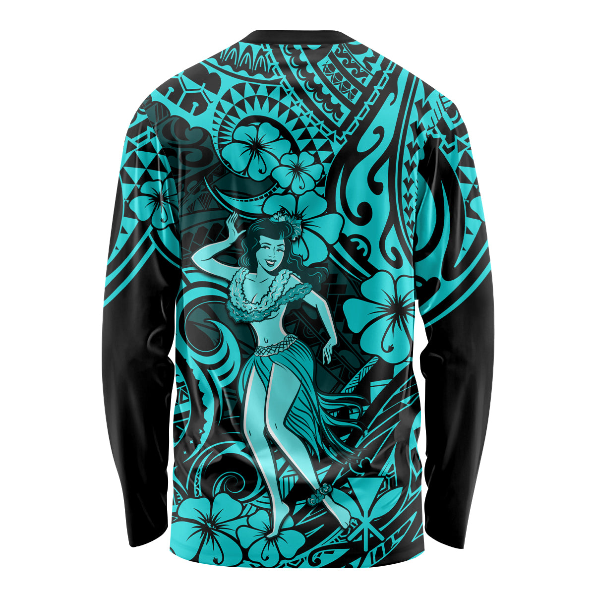 Hawaii Hula Girl Long Sleeve Shirt Hibiscus Hawaii Tribal Tattoo Turquoise Version - Wonder Print Shop