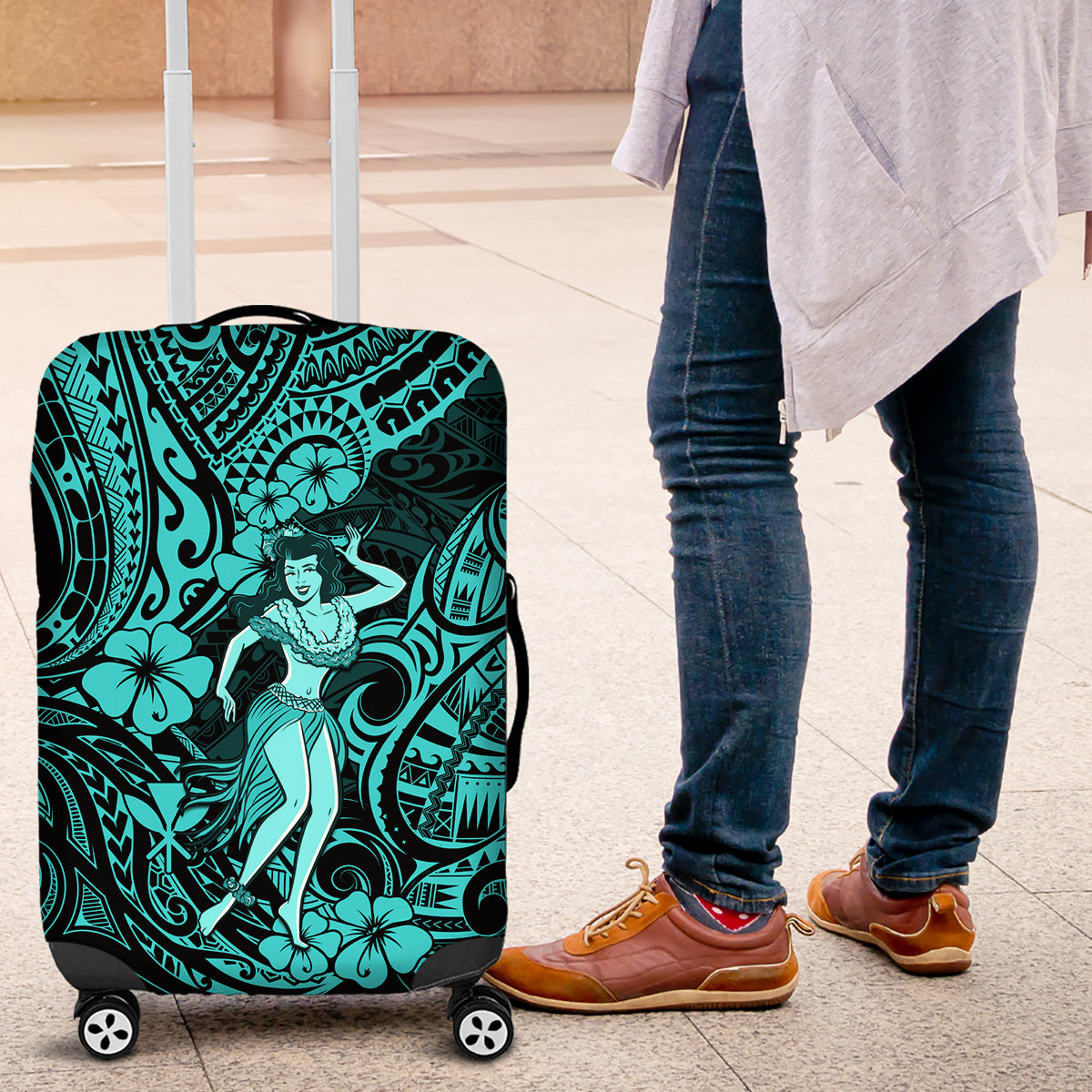 Hawaii Hula Girl Luggage Cover Hibiscus Hawaii Tribal Tattoo Turquoise Version - Wonder Print Shop