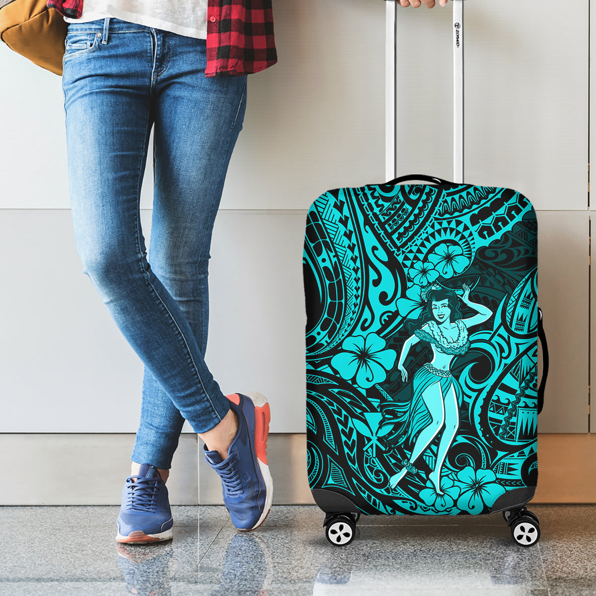 Hawaii Hula Girl Luggage Cover Hibiscus Hawaii Tribal Tattoo Turquoise Version - Wonder Print Shop
