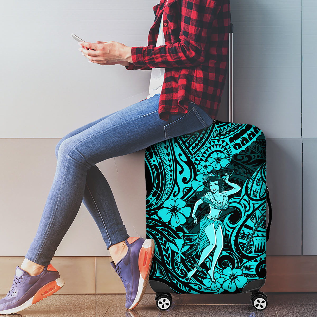 Hawaii Hula Girl Luggage Cover Hibiscus Hawaii Tribal Tattoo Turquoise Version - Wonder Print Shop