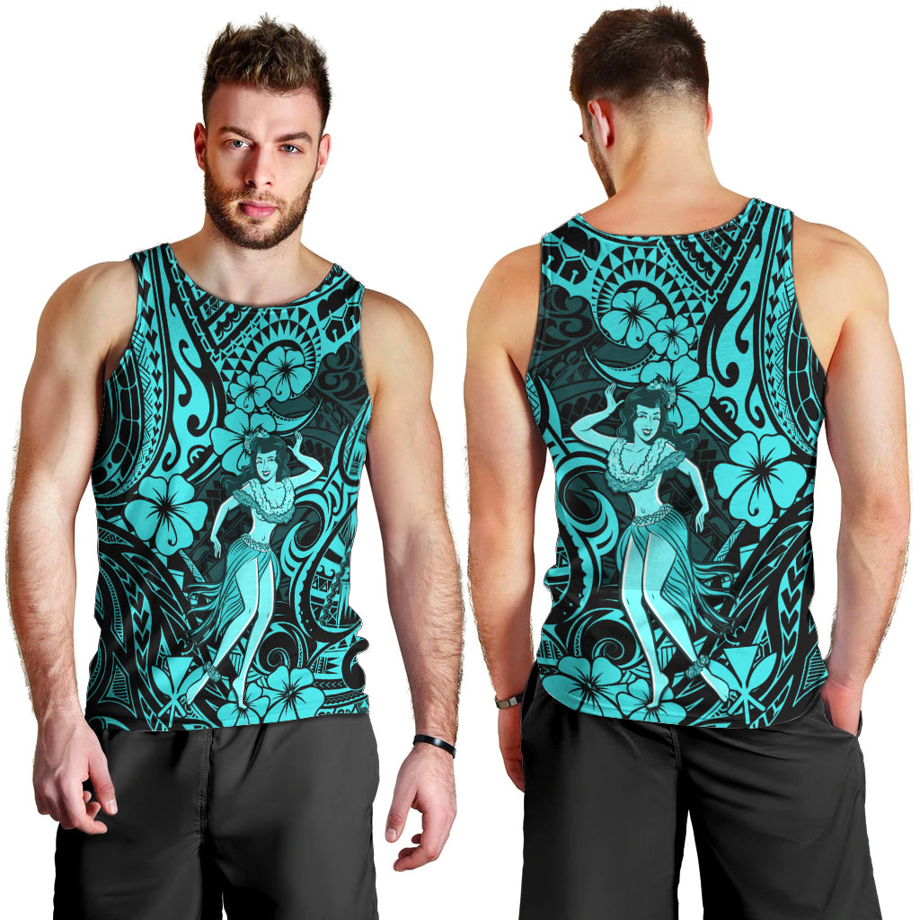 Hawaii Hula Girl Men Tank Top Hibiscus Hawaii Tribal Tattoo Turquoise Version - Wonder Print Shop