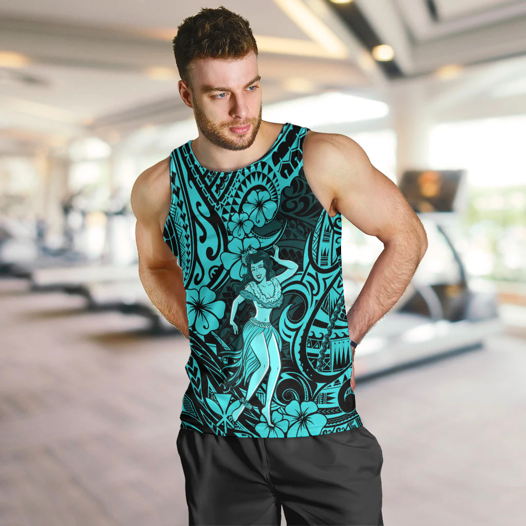 Hawaii Hula Girl Men Tank Top Hibiscus Hawaii Tribal Tattoo Turquoise Version - Wonder Print Shop