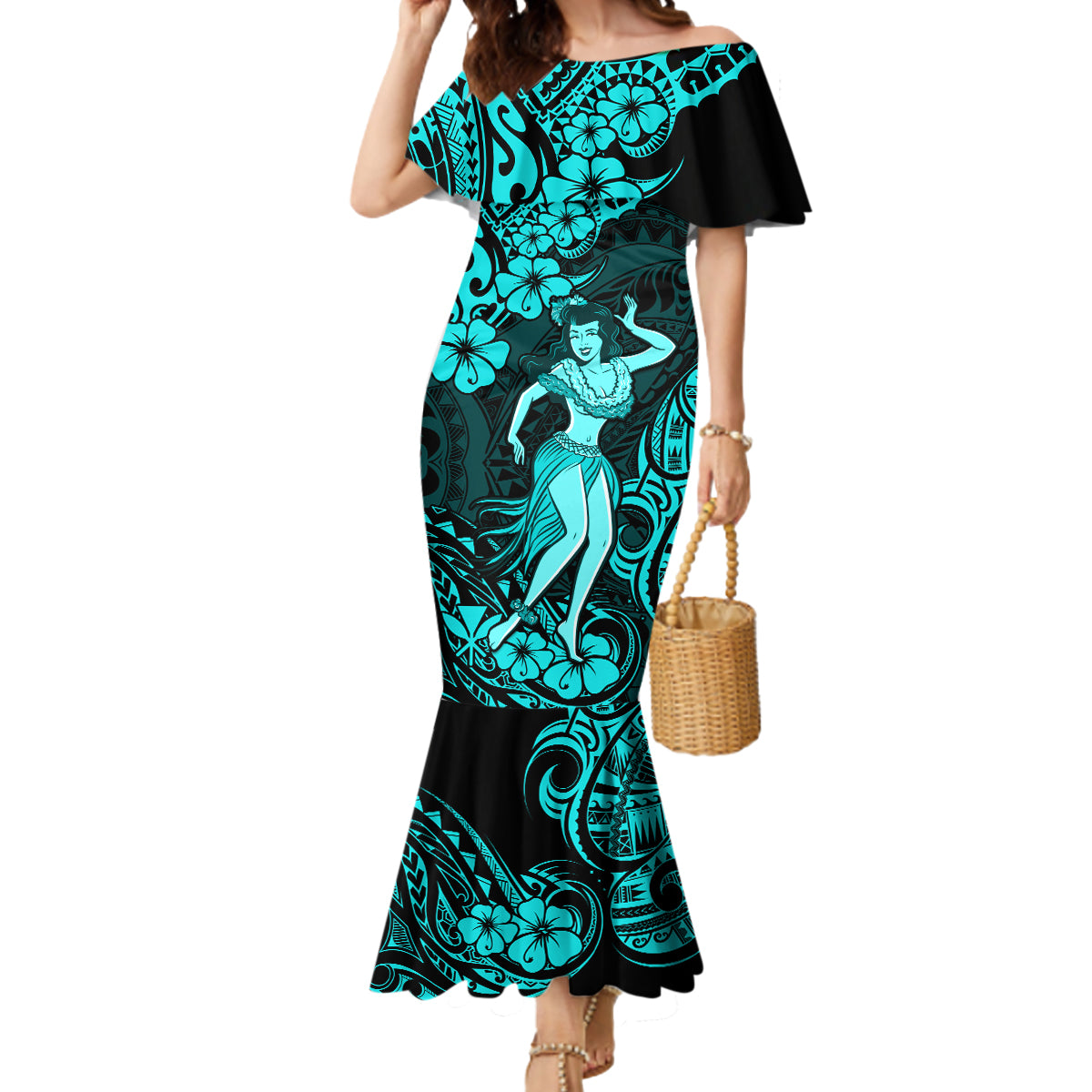 Hawaii Hula Girl Mermaid Dress Hibiscus Hawaii Tribal Tattoo Turquoise Version - Wonder Print Shop