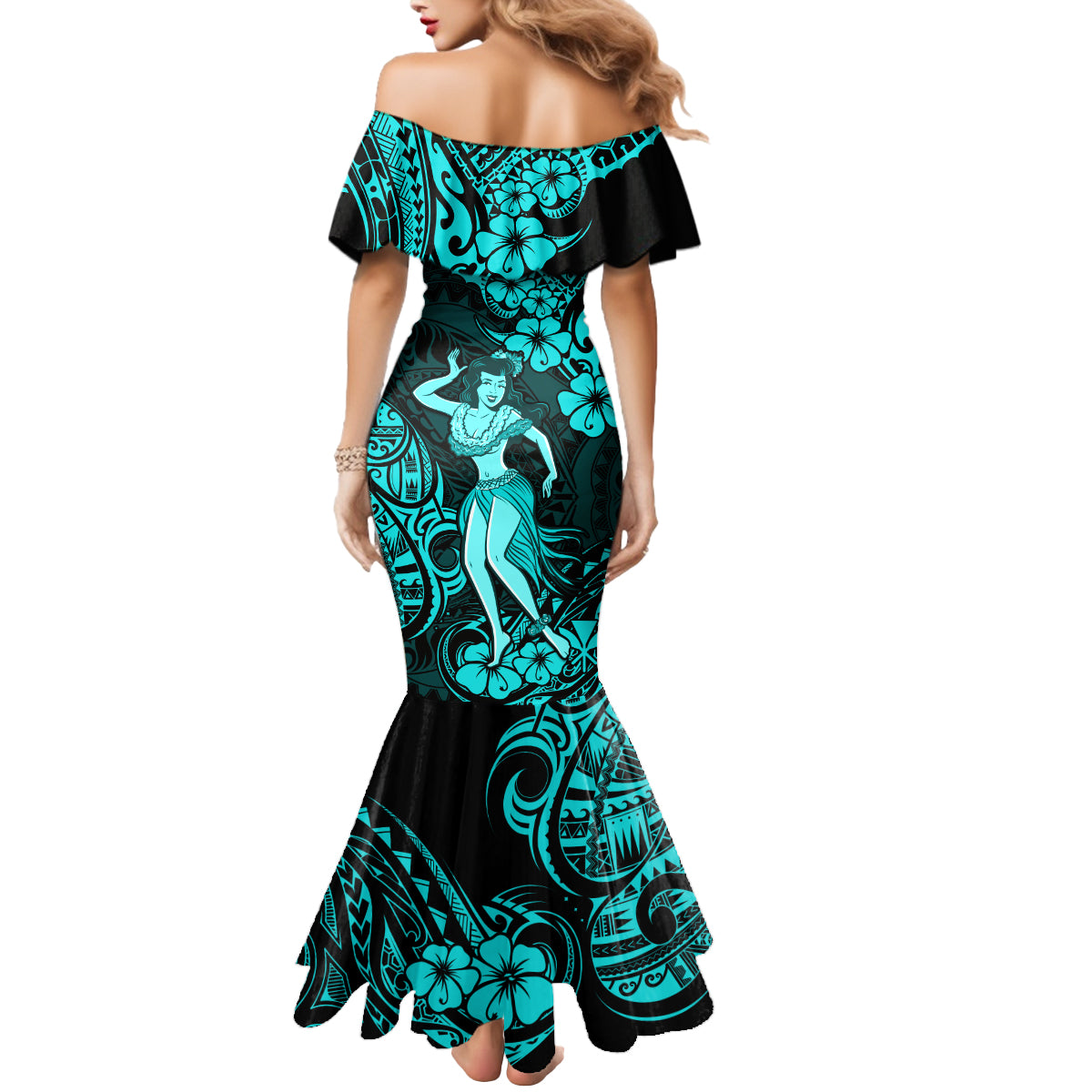 Hawaii Hula Girl Mermaid Dress Hibiscus Hawaii Tribal Tattoo Turquoise Version - Wonder Print Shop
