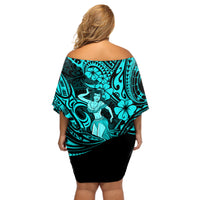 Hawaii Hula Girl Off Shoulder Short Dress Hibiscus Hawaii Tribal Tattoo Turquoise Version - Wonder Print Shop