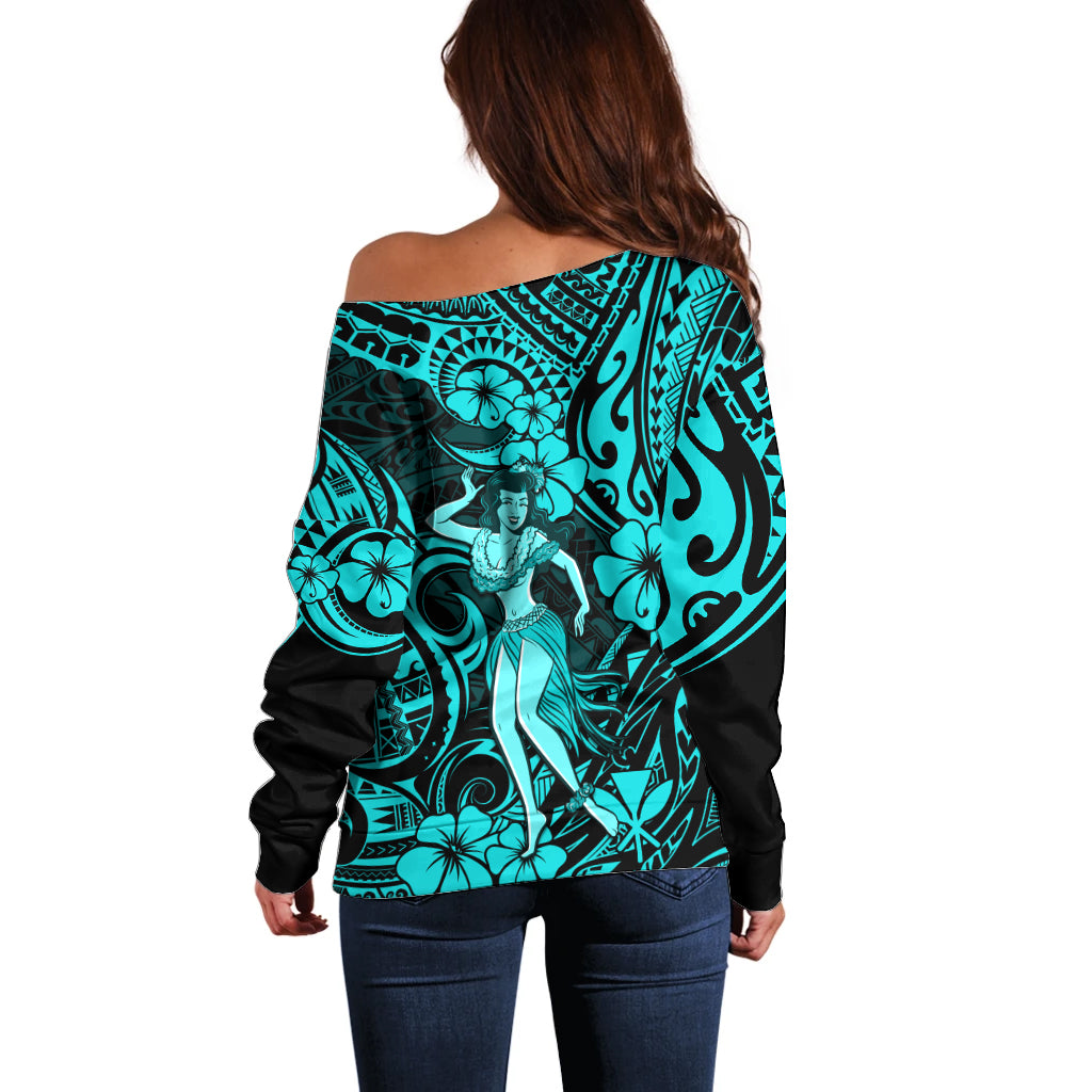 Hawaii Hula Girl Off Shoulder Sweater Hibiscus Hawaii Tribal Tattoo Turquoise Version - Wonder Print Shop