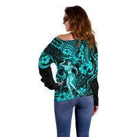 Hawaii Hula Girl Off Shoulder Sweater Hibiscus Hawaii Tribal Tattoo Turquoise Version - Wonder Print Shop