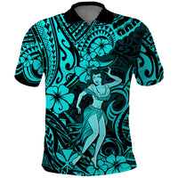 Hawaii Hula Girl Polo Shirt Hibiscus Hawaii Tribal Tattoo Turquoise Version - Wonder Print Shop