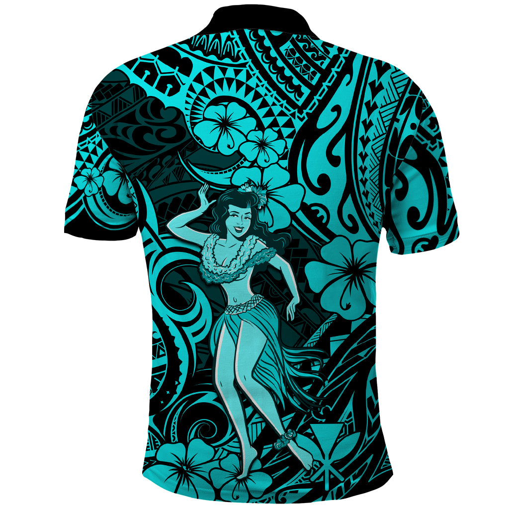Hawaii Hula Girl Polo Shirt Hibiscus Hawaii Tribal Tattoo Turquoise Version - Wonder Print Shop