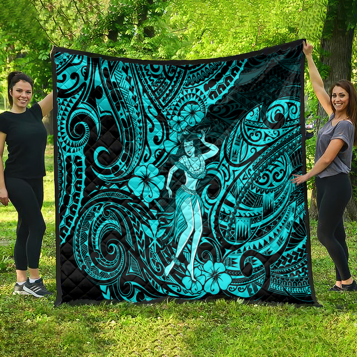 Hawaii Hula Girl Quilt Hibiscus Hawaii Tribal Tattoo Turquoise Version - Wonder Print Shop