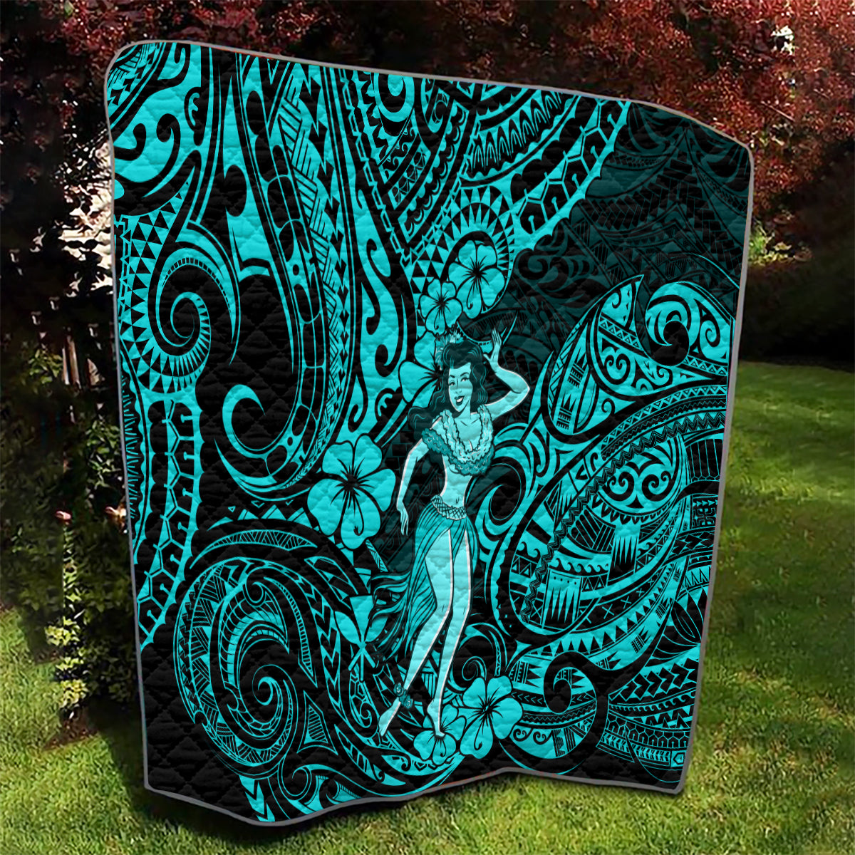 Hawaii Hula Girl Quilt Hibiscus Hawaii Tribal Tattoo Turquoise Version - Wonder Print Shop