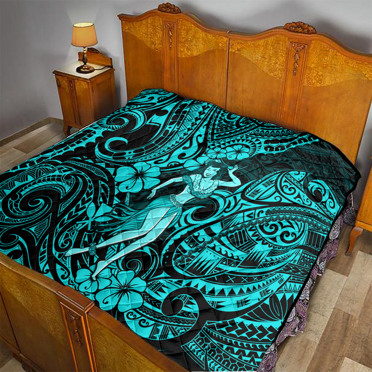 Hawaii Hula Girl Quilt Hibiscus Hawaii Tribal Tattoo Turquoise Version - Wonder Print Shop