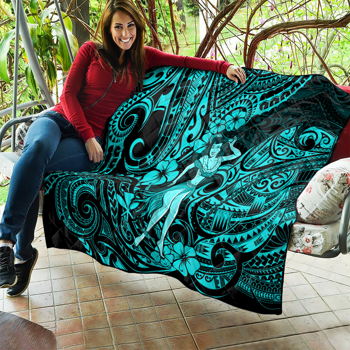 Hawaii Hula Girl Quilt Hibiscus Hawaii Tribal Tattoo Turquoise Version - Wonder Print Shop