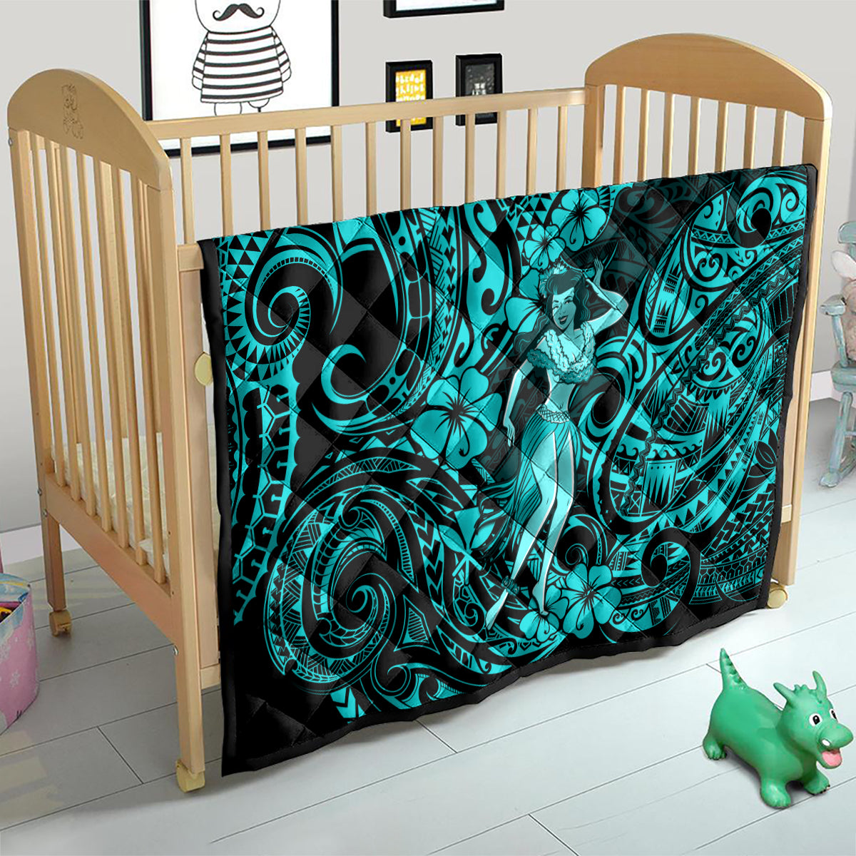 Hawaii Hula Girl Quilt Hibiscus Hawaii Tribal Tattoo Turquoise Version - Wonder Print Shop