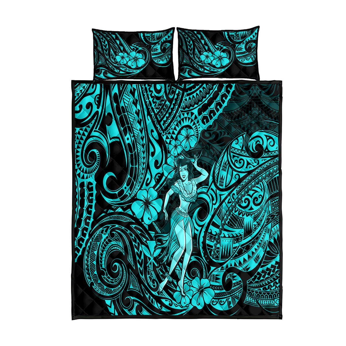Hawaii Hula Girl Quilt Bed Set Hibiscus Hawaii Tribal Tattoo Turquoise Version - Wonder Print Shop