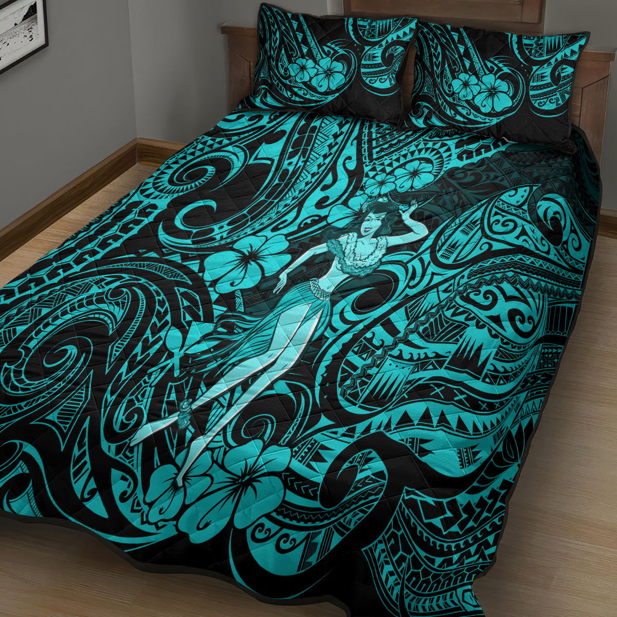 Hawaii Hula Girl Quilt Bed Set Hibiscus Hawaii Tribal Tattoo Turquoise Version - Wonder Print Shop