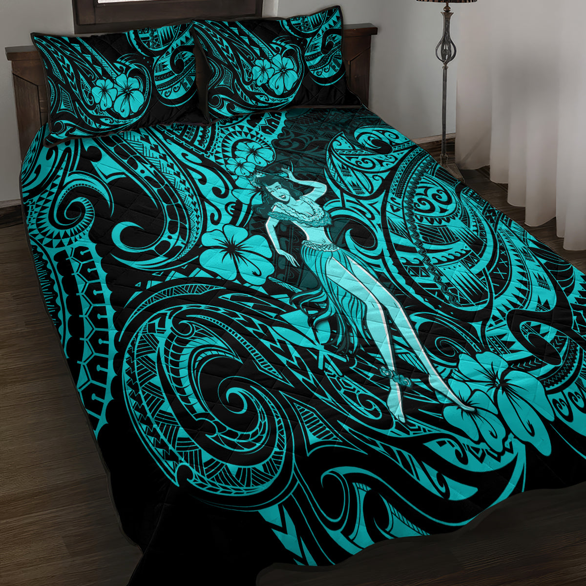 Hawaii Hula Girl Quilt Bed Set Hibiscus Hawaii Tribal Tattoo Turquoise Version - Wonder Print Shop