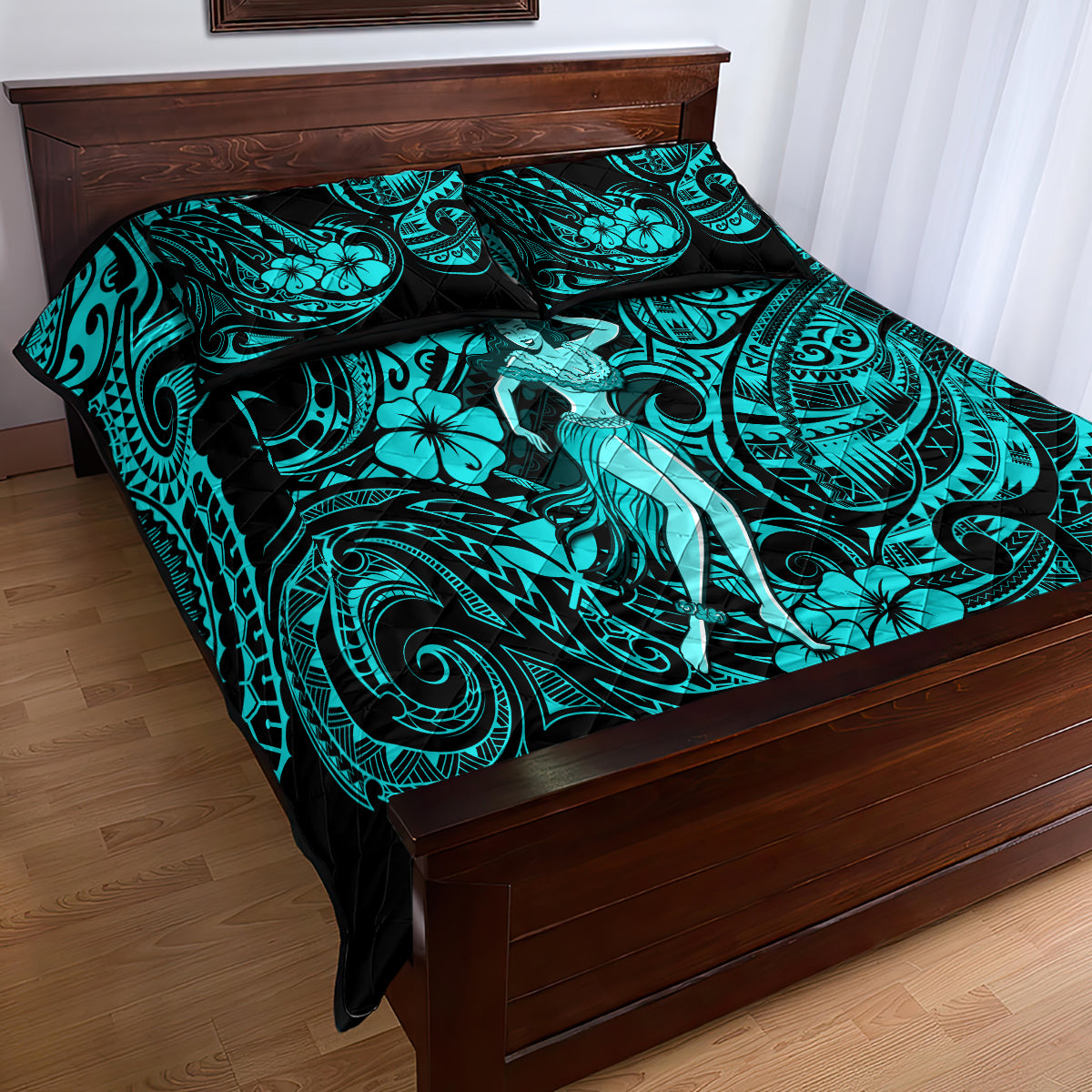Hawaii Hula Girl Quilt Bed Set Hibiscus Hawaii Tribal Tattoo Turquoise Version - Wonder Print Shop