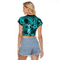Hawaii Hula Girl Raglan Cropped T Shirt Hibiscus Hawaii Tribal Tattoo Turquoise Version - Wonder Print Shop