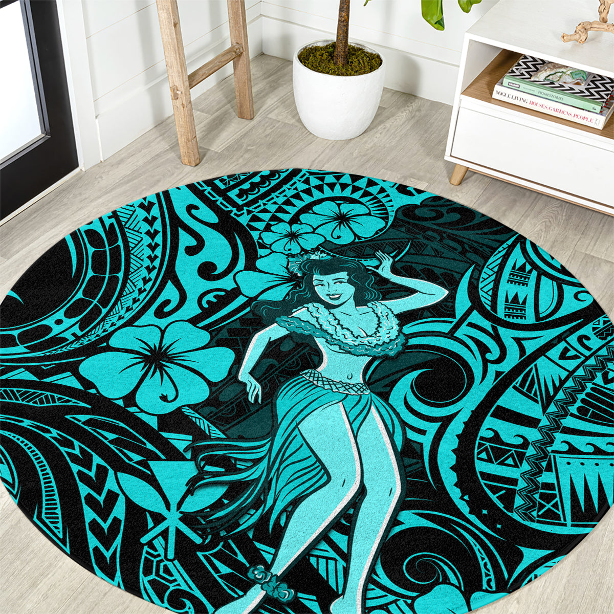 hawaii-hula-girl-round-carpet-hibiscus-hawaii-tribal-tattoo-turquoise-version