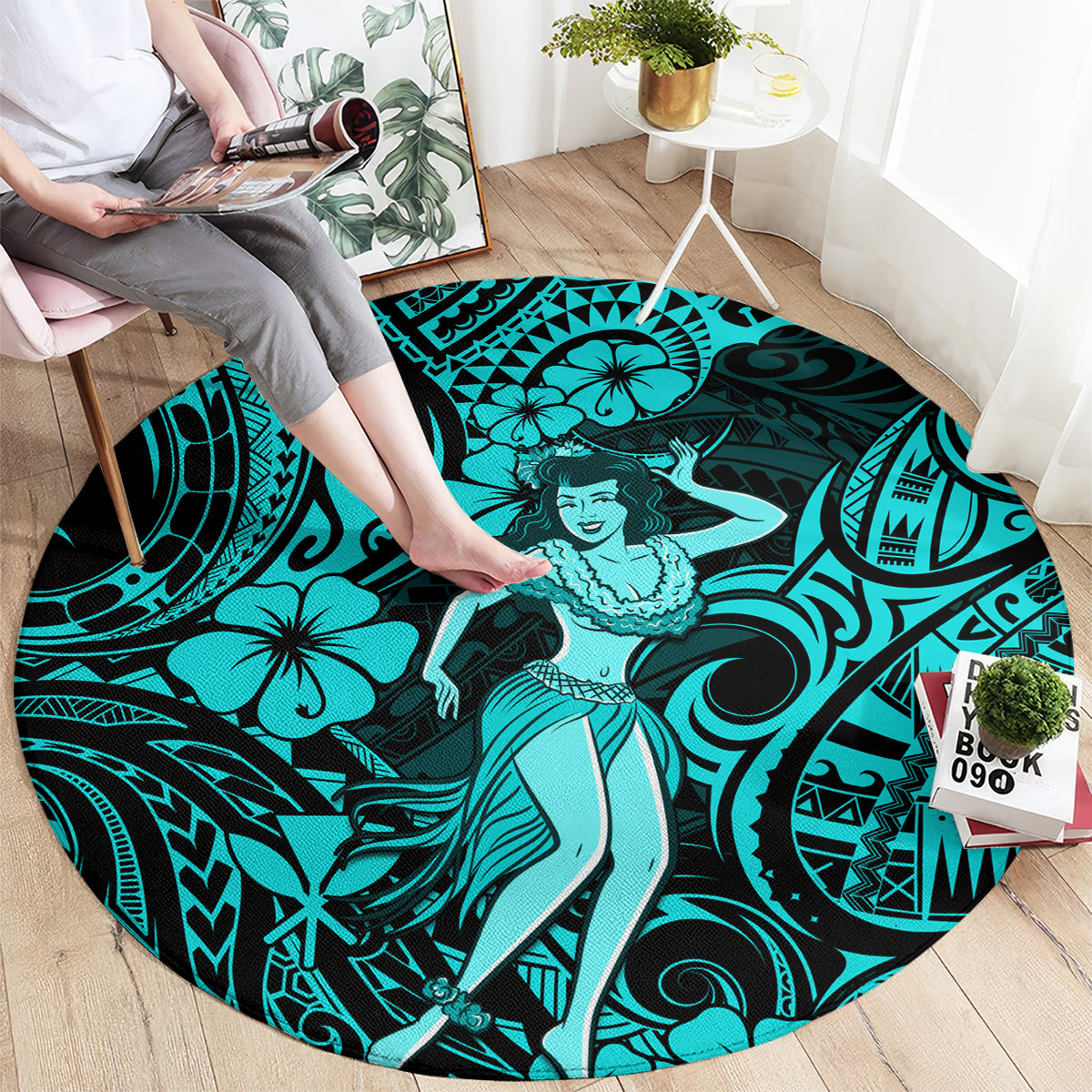 hawaii-hula-girl-round-carpet-hibiscus-hawaii-tribal-tattoo-turquoise-version
