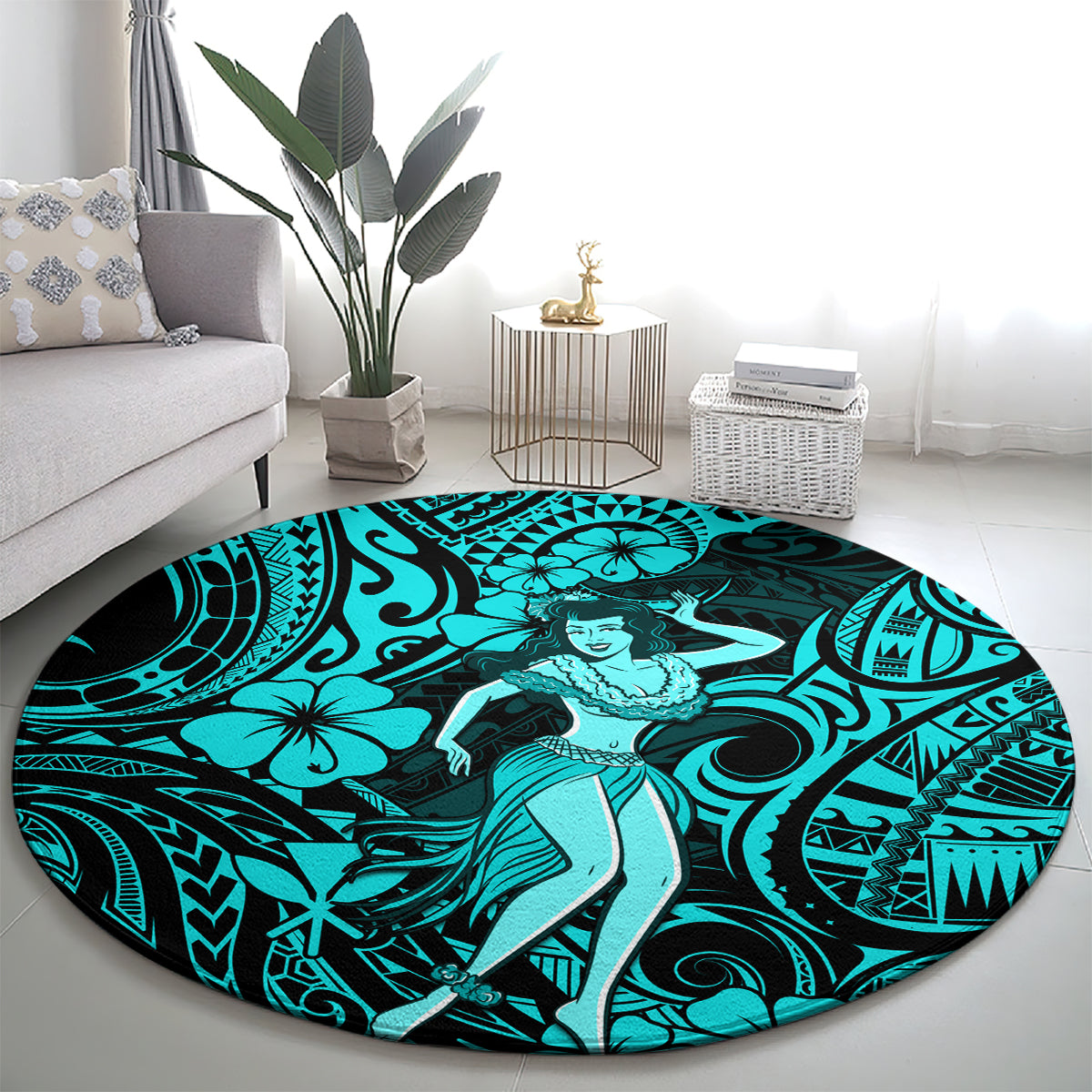 hawaii-hula-girl-round-carpet-hibiscus-hawaii-tribal-tattoo-turquoise-version