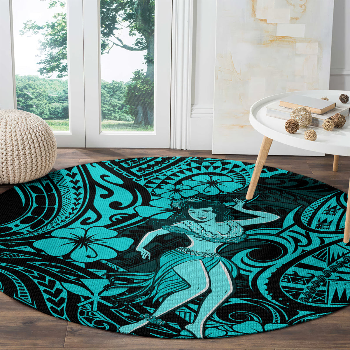 hawaii-hula-girl-round-carpet-hibiscus-hawaii-tribal-tattoo-turquoise-version