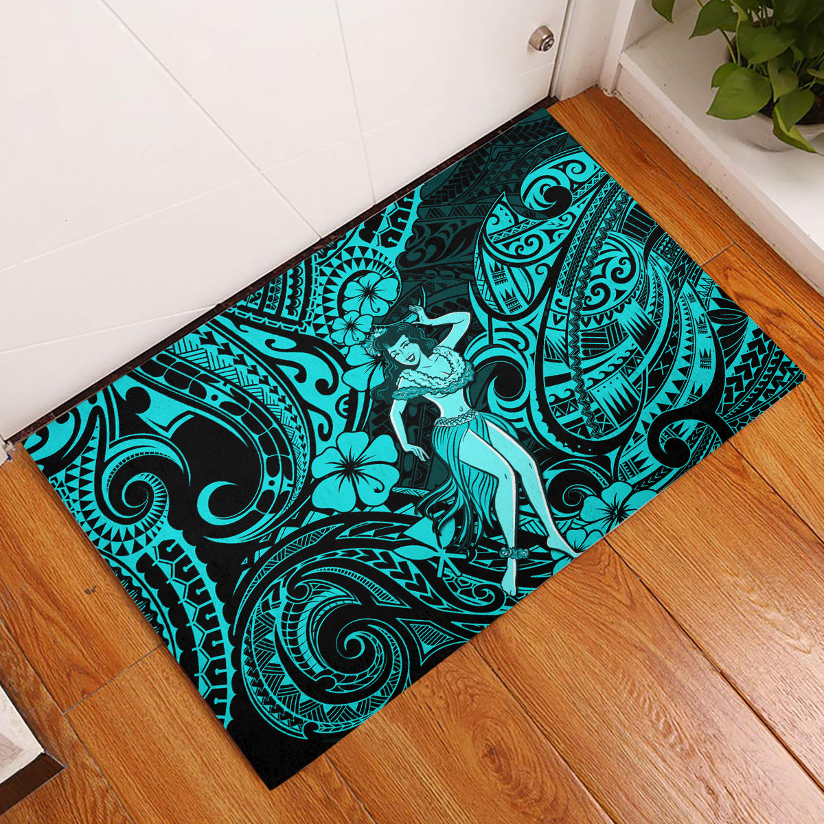 Hawaii Hula Girl Rubber Doormat Hibiscus Hawaii Tribal Tattoo Turquoise Version - Wonder Print Shop