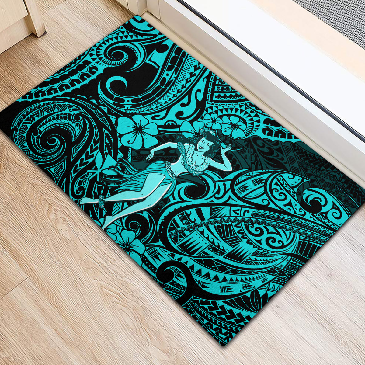 Hawaii Hula Girl Rubber Doormat Hibiscus Hawaii Tribal Tattoo Turquoise Version - Wonder Print Shop