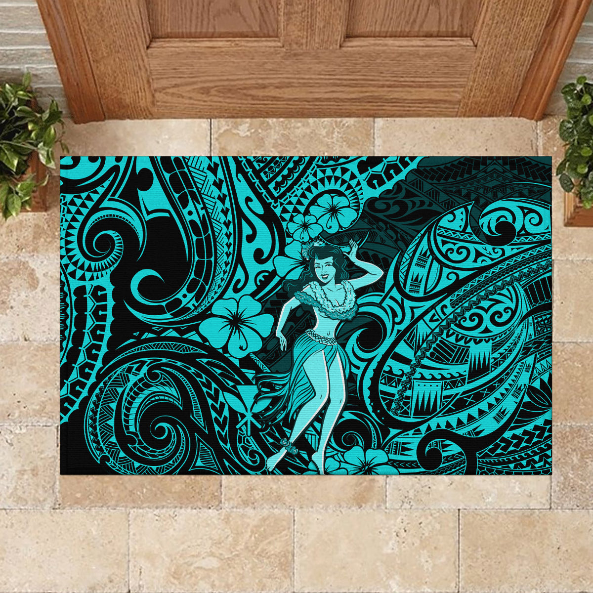 Hawaii Hula Girl Rubber Doormat Hibiscus Hawaii Tribal Tattoo Turquoise Version - Wonder Print Shop