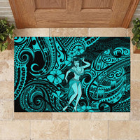 Hawaii Hula Girl Rubber Doormat Hibiscus Hawaii Tribal Tattoo Turquoise Version - Wonder Print Shop