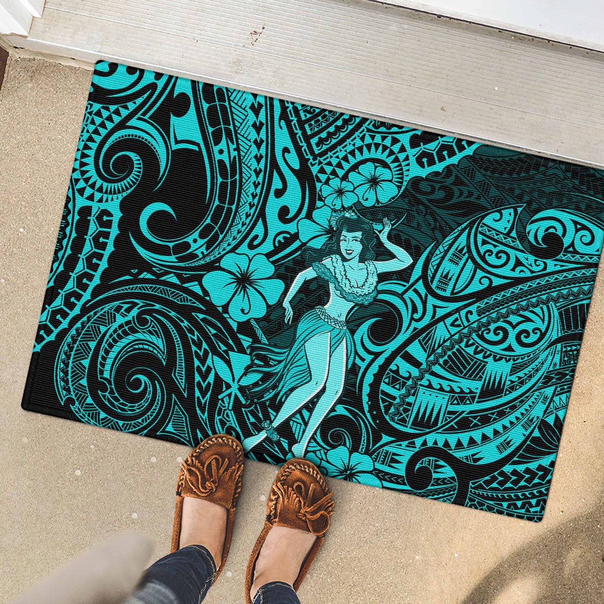 Hawaii Hula Girl Rubber Doormat Hibiscus Hawaii Tribal Tattoo Turquoise Version - Wonder Print Shop
