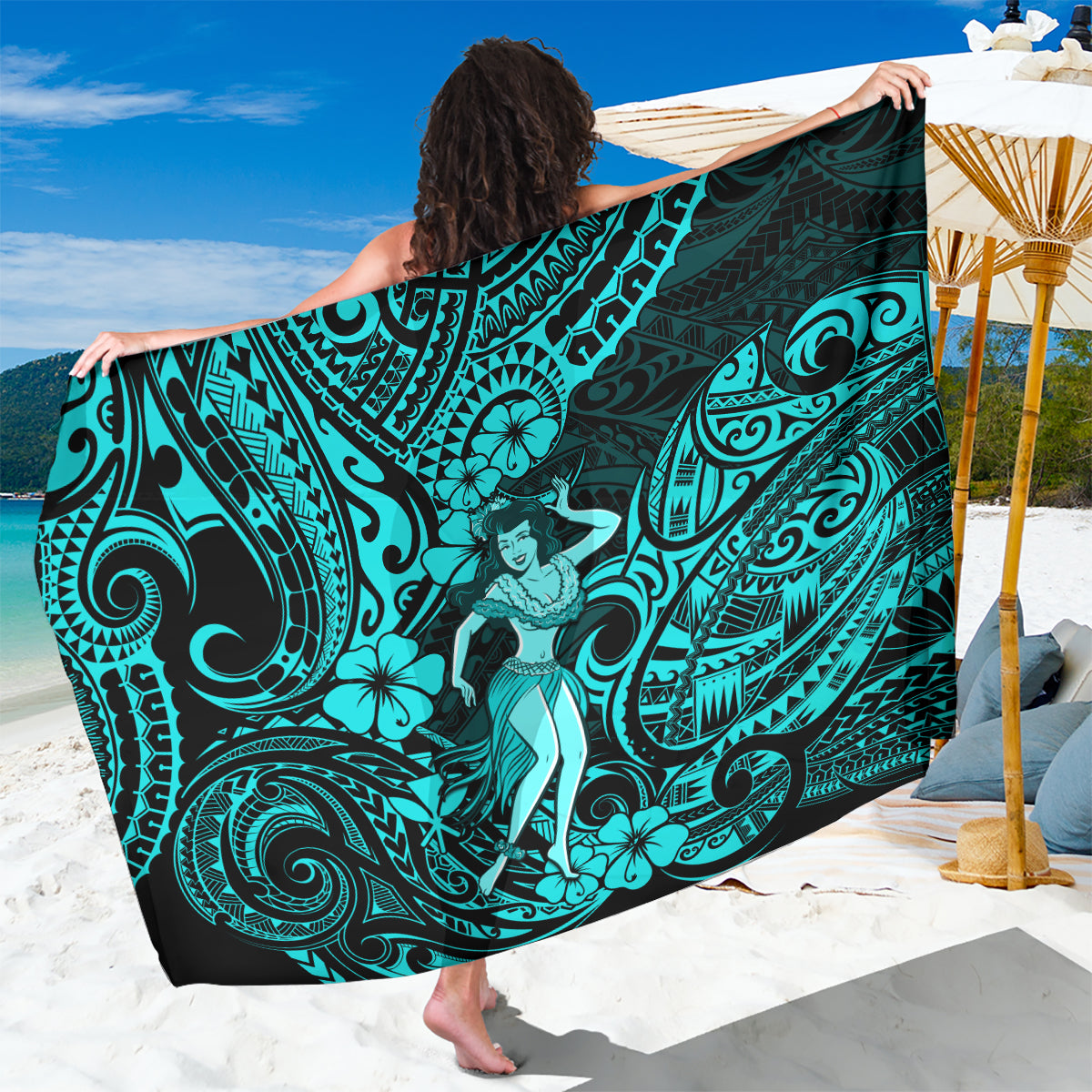 Hawaii Hula Girl Sarong Hibiscus Hawaii Tribal Tattoo Turquoise Version - Wonder Print Shop